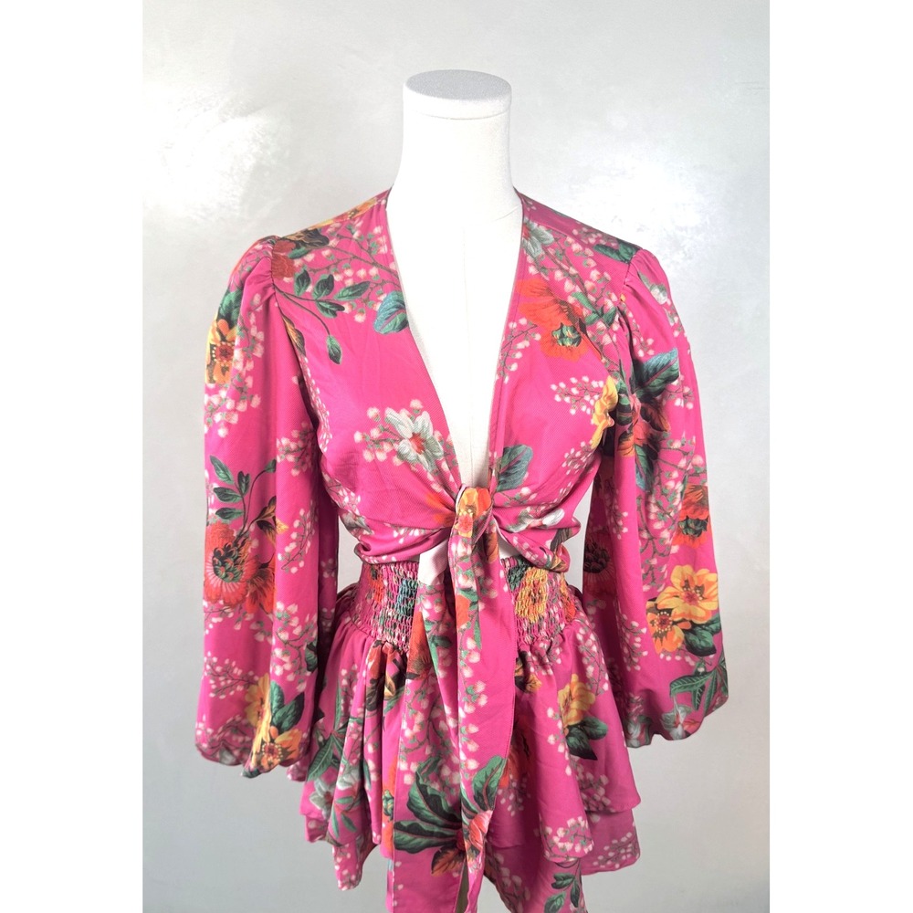 Agua Bendita Pink Floral Tropical Resort Ruffle Skirt and Wrap Top Set Sz M - Picture 1 of 4